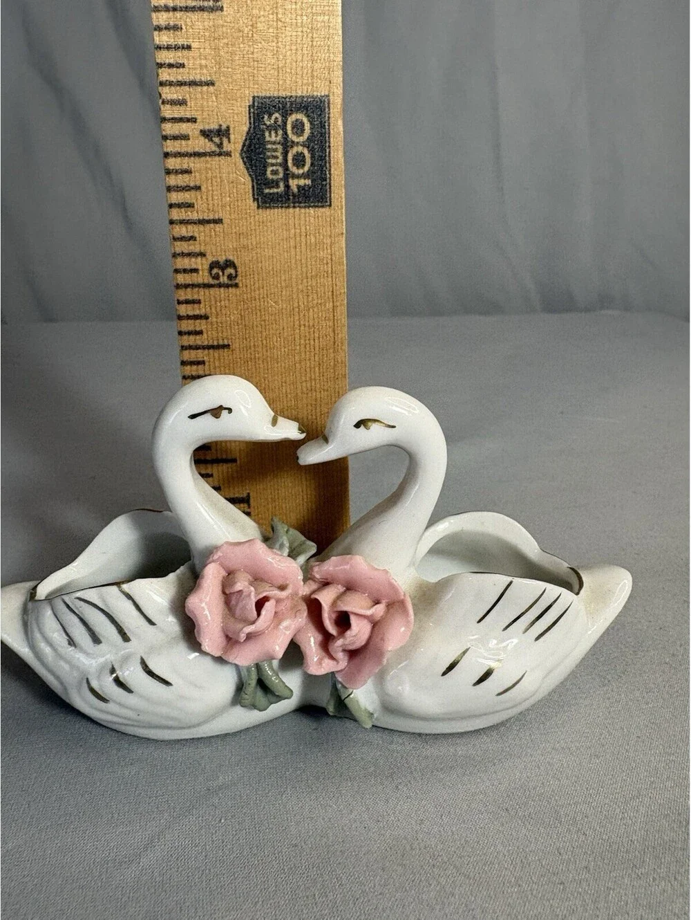Vintage Double Swan Ceramic Bud Vase Planter Pink Roses Gold Trim Romantic Decor